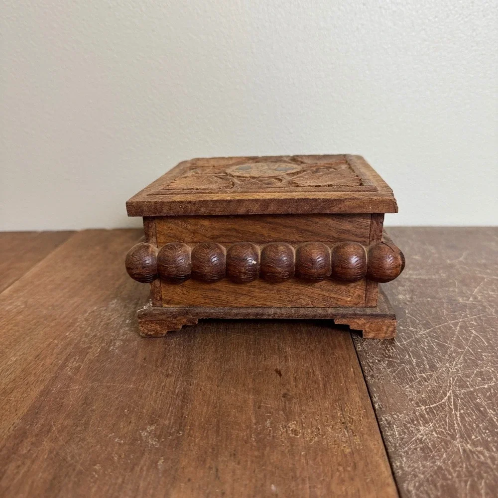 Vintage‎ Solid Wood Carved Jewelry Trinket Box Made in India
